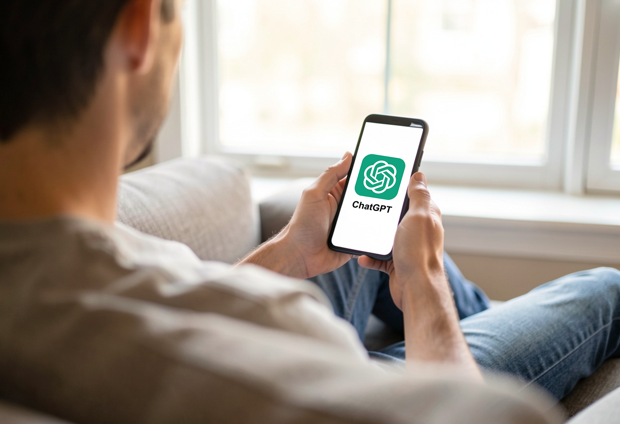 Pessoa segurando um smartphone com o logotipo do ChatGPT na tela, ilustrando como usar o ChatGPT no celular